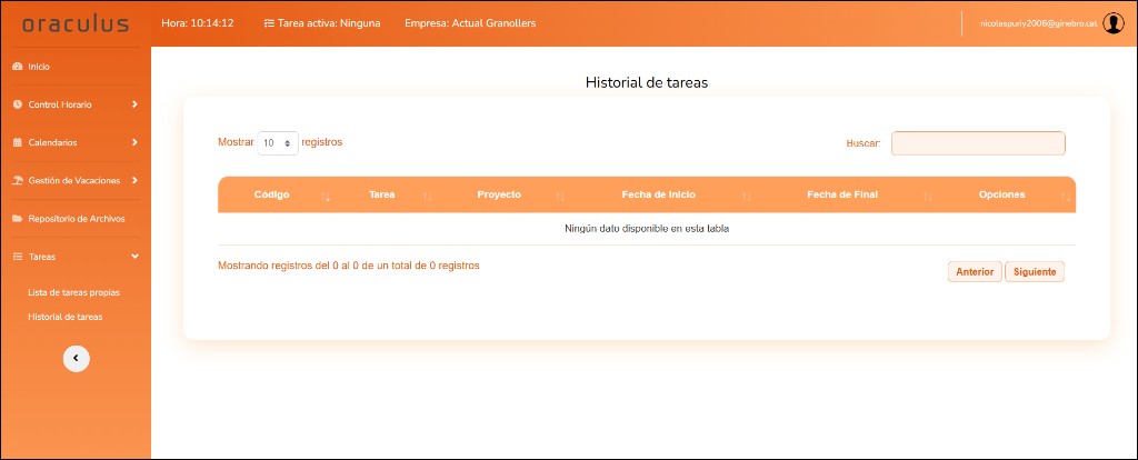 Captura del historial de tareas en Oraculus