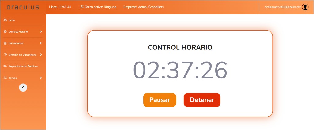 Captura del panel de control horario en Oraculus