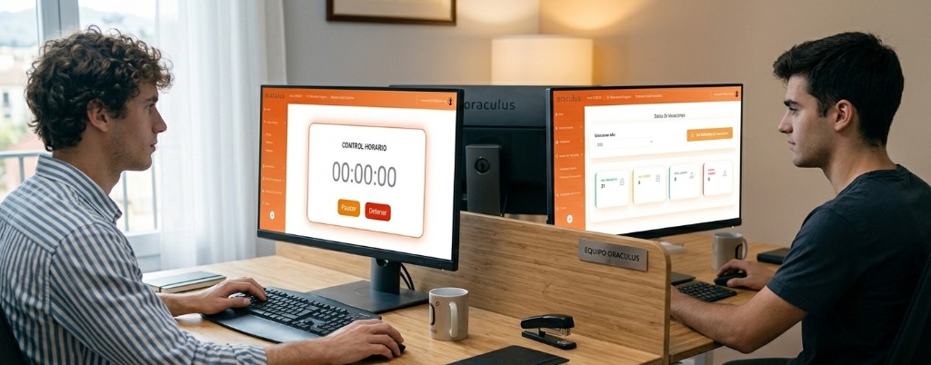 Equipo de trabajo utilizando Oraculus en oficina